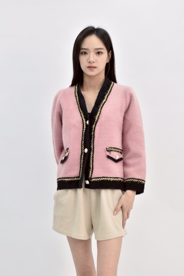 (L) 質感排扣黑邊粉色外套