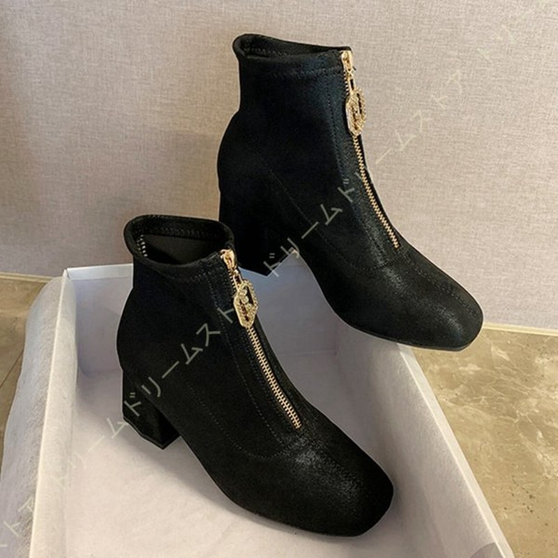 チャンキーヒール 5 5cmヒール ブーツ レディース かわいい ショートブーツ スクエアトゥトゥ フロントジップブーツ 太ヒール 大きいサイズ 小さいサイズ 通販 Lineポイント最大get Lineショッピング