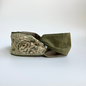 日本刺繡緞帶 綠花 雙色交叉髮帶 日本布 不撞款 寬髮帶 手工製作