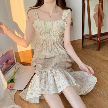 9號倉庫 大尺碼睡裙 吊帶睡裙女 甜美帶胸墊睡裙 公主風荷葉邊中長裙 大碼睡衣女 家居服 性感睡衣 冰絲睡衣 連體睡裙