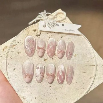 <台灣>裸粉貓眼愛心法式菱格紋蝴蝶結穿戴甲  立體蝴蝶結杏仁美甲   溫柔碎鉆美甲貼片  可拆卸