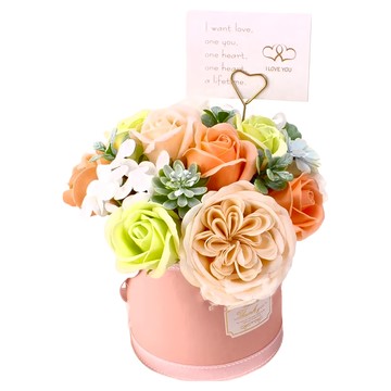 桶裝香皂花 玫瑰花造型 含小卡+ 透明開窗提袋  香檳橘  1個