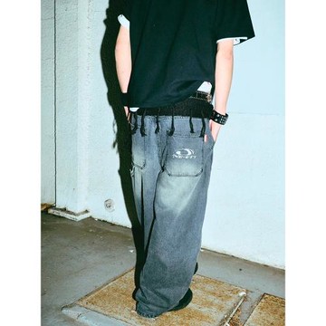 日系街頭小眾9090雙膝Baggy刺繡y2k水洗做舊滑板寬松牛仔彎刀長褲