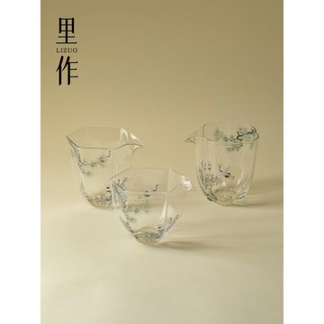 里作高檔松鶴紋玻璃六角公道杯精致手工透明分茶器新中式耐熱茶海