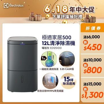 Electrolux 伊萊克斯 極適家居500 12L 清淨除濕機 除濕適用空間15坪 (曜岩灰) ED1251DD