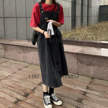 復古不規則開叉牛仔背帶裙夏季女裝韓版寬松大碼胖mm中長款連衣裙【雲木雜貨】