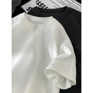 冰絲V領短袖t恤男生夏季2025新款高級感純色寬松休閑半袖體恤上衣