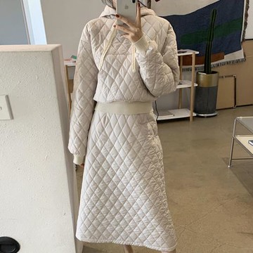 韓國chic秋冬小眾減齡連帽菱格夾棉衛衣+高腰顯瘦A字型半身裙套裝