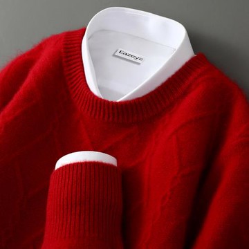 高端圓領羊絨衫男時尚山羊絨衫冬季紅色本命年打底中青年加厚毛衣