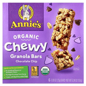 Annie's Homegrown, 有機耐嚼格蘭諾拉麥片棒，巧克力碎，6 根，每根 0.89 盎司（25 克）
