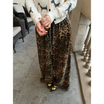 落落狷介豹紋闊腿褲女2024新款秋冬小個子寬松松緊腰系帶高腰褲子