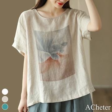 【ACheter】復古麻感印花上衣寬鬆圓領短袖休閒百搭短版上衣# 117955(現貨+預購)