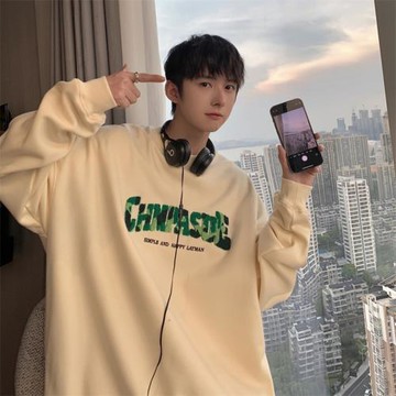 美式圓領衛衣男秋季新款字母刺繡長袖上衣青少年運動外套男士衣服