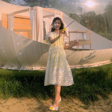 2022新款氣質設計感小眾韓版溫柔風甜美泡泡袖公主連衣裙超仙女夏