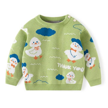 BABUYU - 純棉圓領針織長袖上衣-快樂鴨鴨-牛油果綠