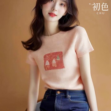 初色  童趣風插畫小圖輕薄透氣短袖圓領針織衫上衣女上衣-粉色-35025(F可選)