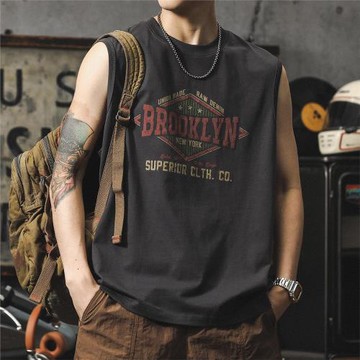 美式復古純棉無袖t恤夏季薄款青少年跨欄運動背心印花坎肩短袖潮