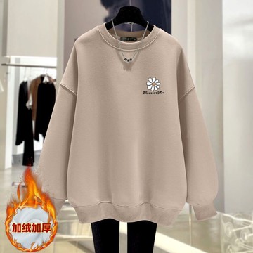 愛依依 長袖T卹 印花上衣 學院風 保暖衫 中大尺碼 Ｍ-4XL新款加絨長袖印花圓領寬鬆外套加厚寬鬆上衣-10301.