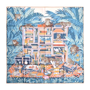 Hermes 愛馬仕 Les Douze Leopards 90 cm手工捲邊斜紋真絲雙面方巾(玫瑰粉/板岩深灰/橘)_廠商直送
