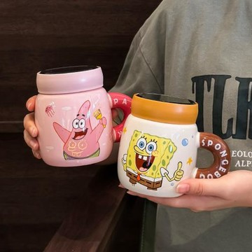 馬克杯鏡面蓋新款卡通可愛杯子伴手禮情侶陶瓷水杯辦公室海綿寶寶