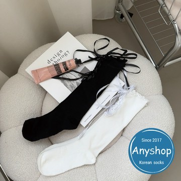 Anyshop韓國襪 綁帶蝴蝶結系列 素色長襪 蝴蝶結襪 女孩襪 捲邊襪 韓襪 韓國襪 長襪 蝴蝶結 襪子 W8816