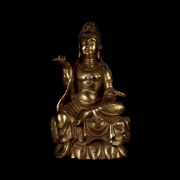 《博古珍藏》銅鎏金觀音菩薩古佛坐像擺件．高33公分．佛教文物．早期收藏．老件．信徒結緣．超值回饋