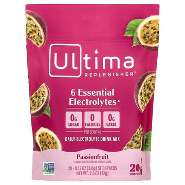 Ultima Replenisher, 6 Essential Electrolytes, Daily Electrolyte Drink Mix, Passionfruit, 20 Stickpacks, 0.13 oz (3.6 g) Each