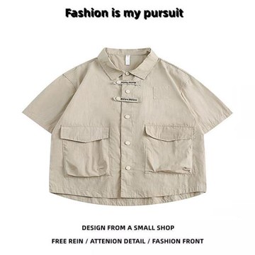 日系復古簡約立體多口袋工裝短袖襯衫男夏季新款寬松情侶休閑襯衣