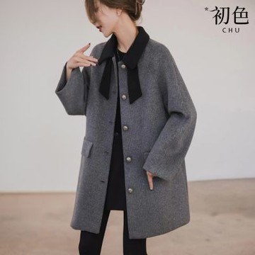 初色 小香風撞色翻領毛呢中長款單排釦口袋長袖外套女外套-灰色-17125(M-2XL可選)