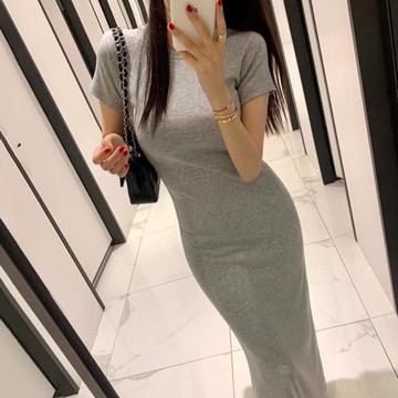 韓國chic夏季法式高級感圓領修身顯瘦后開叉設計短袖連衣裙長裙女