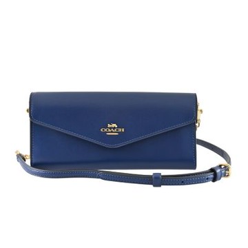 COACH 深藍色全皮信封釦式翻蓋二合一WOC長夾/斜背包