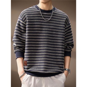 高端日系復古條紋重磅長袖衛衣男秋季新款潮流百搭休閑寬松打底衫