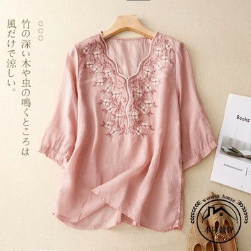 中年媽媽短袖棉麻衫女t恤女寬版夏季大碼胖mm棉麻七分袖上衣【木屋雜貨】