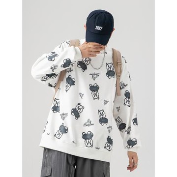 早秋日系衛衣男潮流新款圓領卡通印花長袖t恤寬松帥氣內搭打底衫