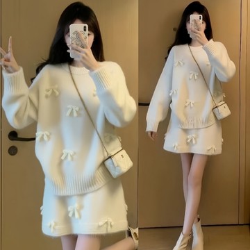 兩件式套裝．可愛蝴蝶結長袖針織衫+修身顯瘦短裙．白鳥麗子