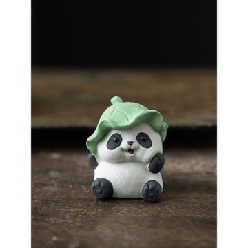 宜興原礦紫砂荷葉熊貓茶寵擺件精品創意呆萌可愛茶桌家居手工茶玩