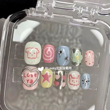 纯手工小清新手绘美甲可爱小熊ins风手绘涂鸦手工美丽穿戴甲学生 手工穿戴甲 穿戴式美甲 美甲貼片 指甲貼