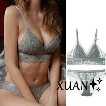 Xuan♥Xuan♥薄款 舒適透氣成套內衣褲 內衣褲 三角杯 透明網紗 蕾絲無鋼圈內衣 蕾絲內衣 集中側收胸罩 爆乳