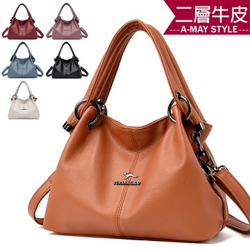 真皮包 時髦感釦環肩背手提水餃包(6色)