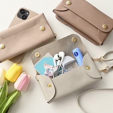 相容於所有型號 附旋轉長多功能袋 圓形保護套 [收縮皮革] 智慧型手機肩背 支架功能 鏡頭保護 雙色 真皮 BS29K