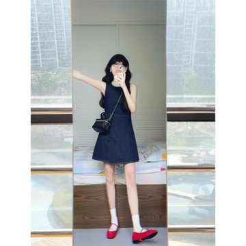 (免運)風情萬種的裙子女夏季新款韓系復古設計感牛仔綁帶無袖背心連衣裙