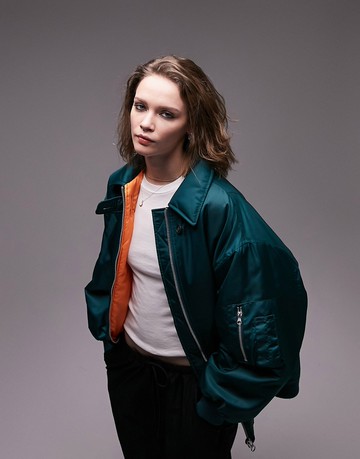 Topshop oversized collar bomber jacket in teal-Blue