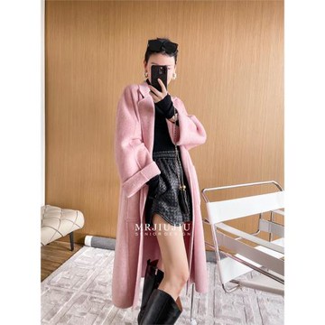 2025秋冬新款桑蠶絲兔絨雙面羊絨大衣女中長款浴袍款反季羊毛外套