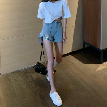 夏季新款設計感不規則牛仔褲寬松褲子顯瘦高腰短褲闊腿褲女裝