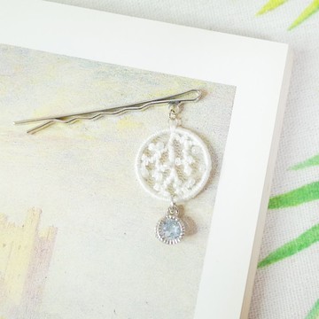 白色花樹 手刺繡垂墜一字夾 髮夾