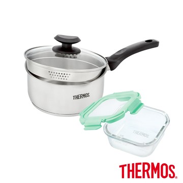 【THERMOS 膳魔師】不鏽鋼附蓋單柄湯鍋瀝水鍋雪平鍋18cm(SPC-S18)+保鮮盒(Z-GFC520S-MNT)