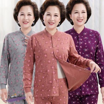 中年純棉睡衣女大碼寬松對襟老人奶奶棉毛開衫秋衣老太太秋褲套裝