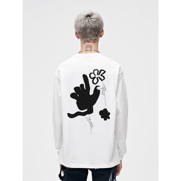 山小川潮牌圓領長袖男t恤秋冬美式寬松純棉大學生白色內搭打底衫