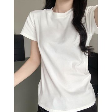 美式白色正肩短袖t恤女夏季2024新款設計感獨特別致辣妹修身上衣