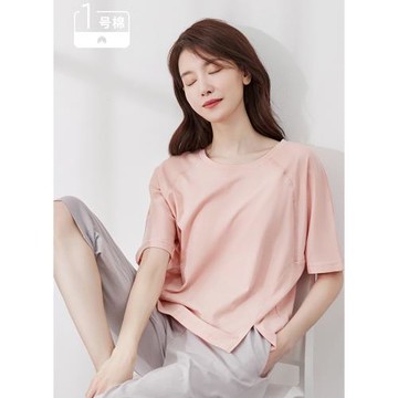 頂呱呱可外穿寬松家居服女短袖七分褲純色睡衣純棉套頭夏季薄款